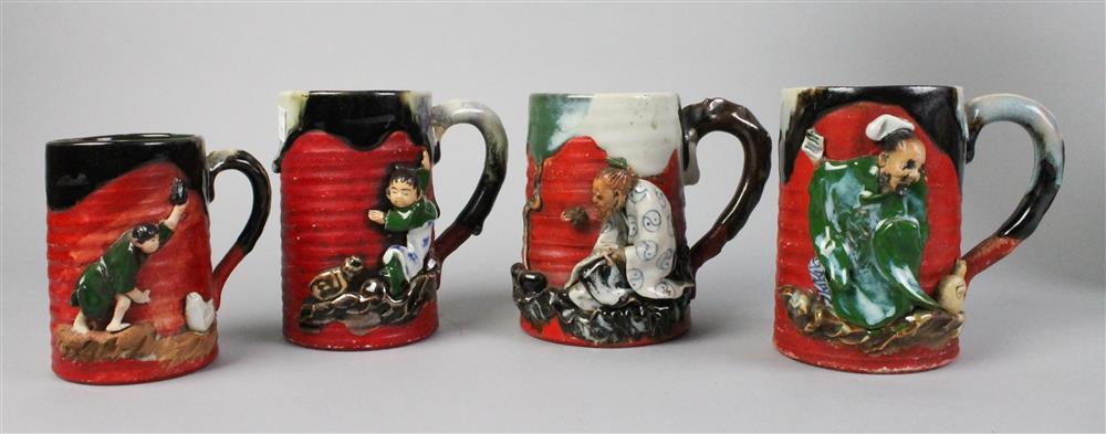 Appraisal: FOUR SUMIDA MUGS SIGNED RYOSAI each with red ground and