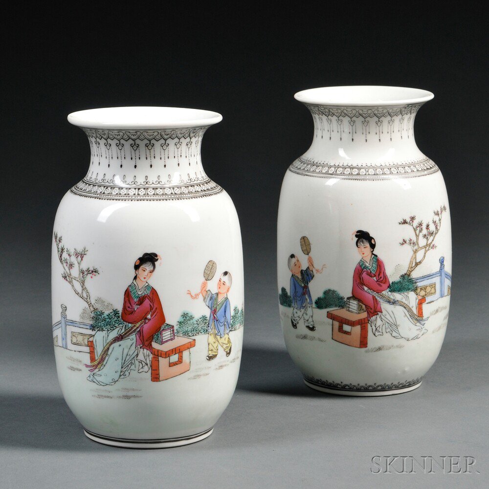 Appraisal: Pair of Porcelain Vases China rouleau form each with famille