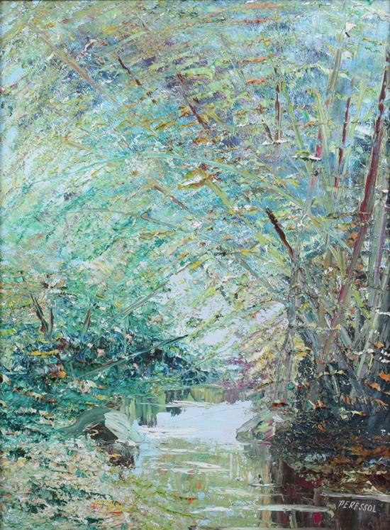 Appraisal: GROUP THREE LANDSCAPE PAINTINGS Including PERESSOL TREES AND STREAM signed