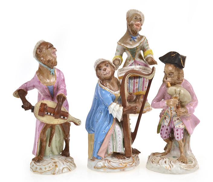 Appraisal: FOUR TH CENTURY MEISSEN STYLE MONKEY MUSICIAN FIGURES FAULTS AND