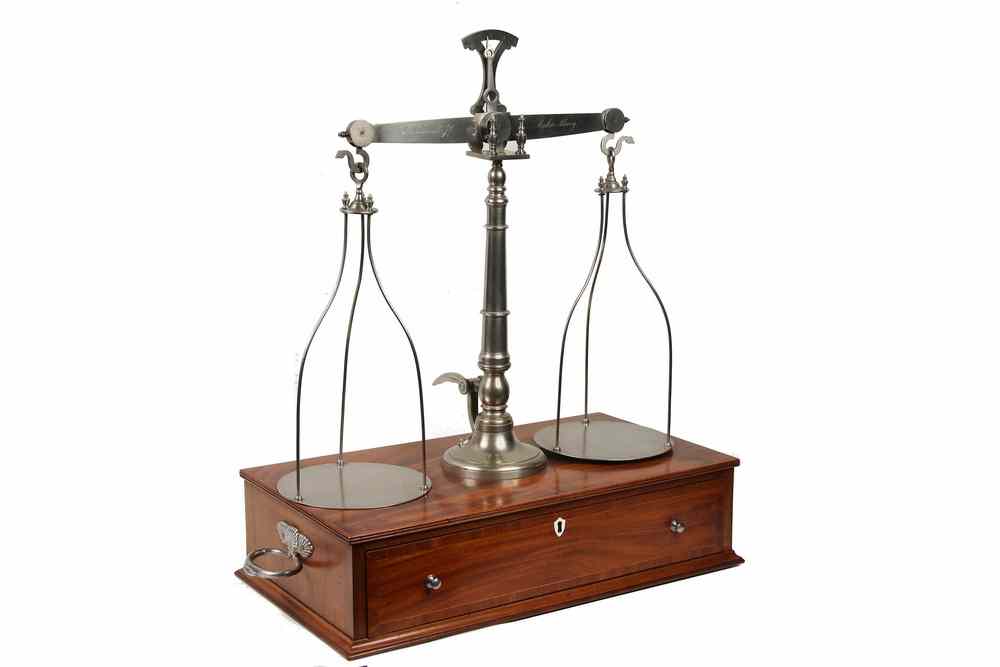 Appraisal: FINE BALANCE SCALE - Silvered Brass Balance Scale on Mahogany