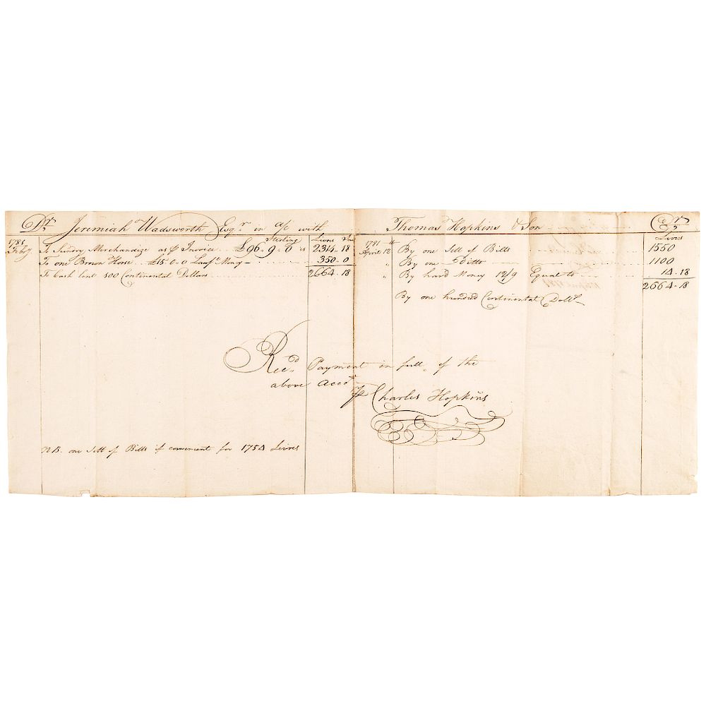 Appraisal: Dr JEREMIAH WADSWORTH Revolutionary War Accounting Receipt American Revolution Dr