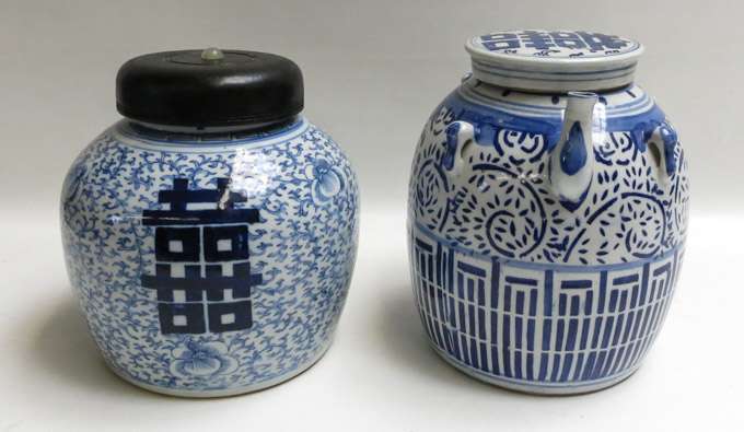 Appraisal: TWO CHINESE BLUE UNDERGLAZE PORCELAIN JARS oil jar with pouring