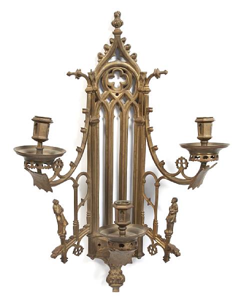 Appraisal: A pair of Gothic Revival gilt bronze three light wall