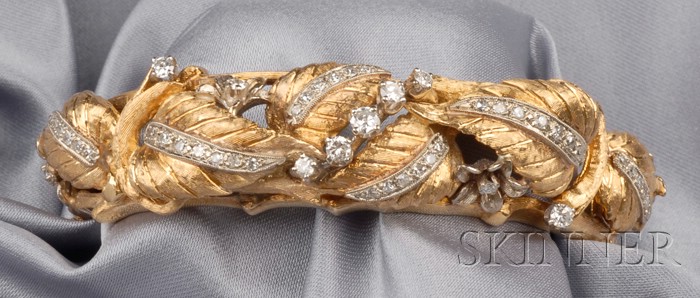 Appraisal: kt Gold and Diamond Bracelet the hinged bangle with foliate