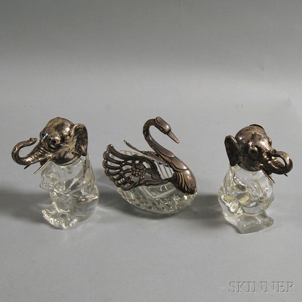 Appraisal: Three Silver-mounted Colorless Glass Containers a swan-form candy dish with