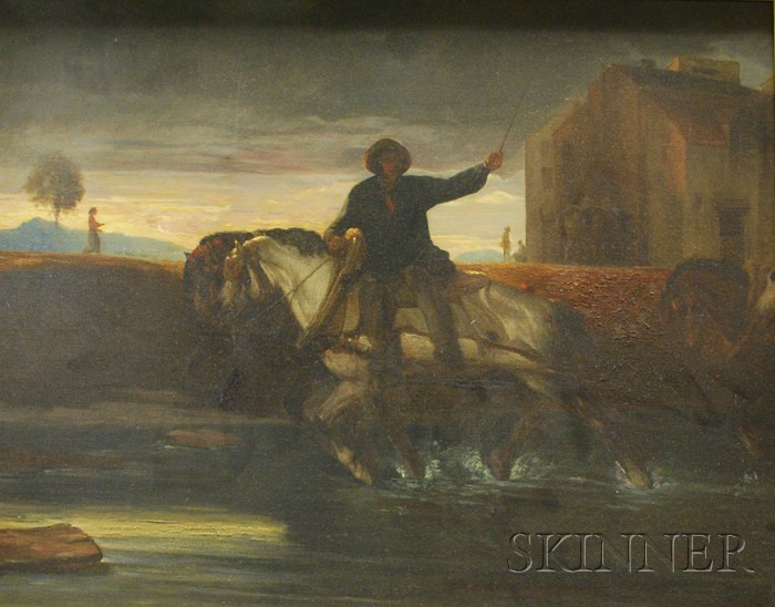 Appraisal: American School th Century Farmer Riding Horses Across a River