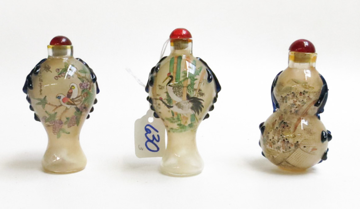 Appraisal: THREE CHINESE AGATE SNUFF BOTTLES various oval forms each having