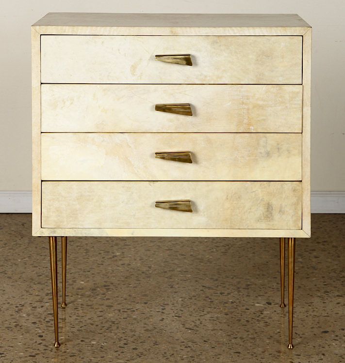 Appraisal: PARCHMENT COVERED FOUR DRAWER CABINET C An elegant parchment covered