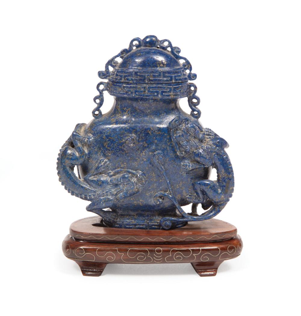 Appraisal: Chinese Lapis Lazuli Covered Vase carved with a pair of