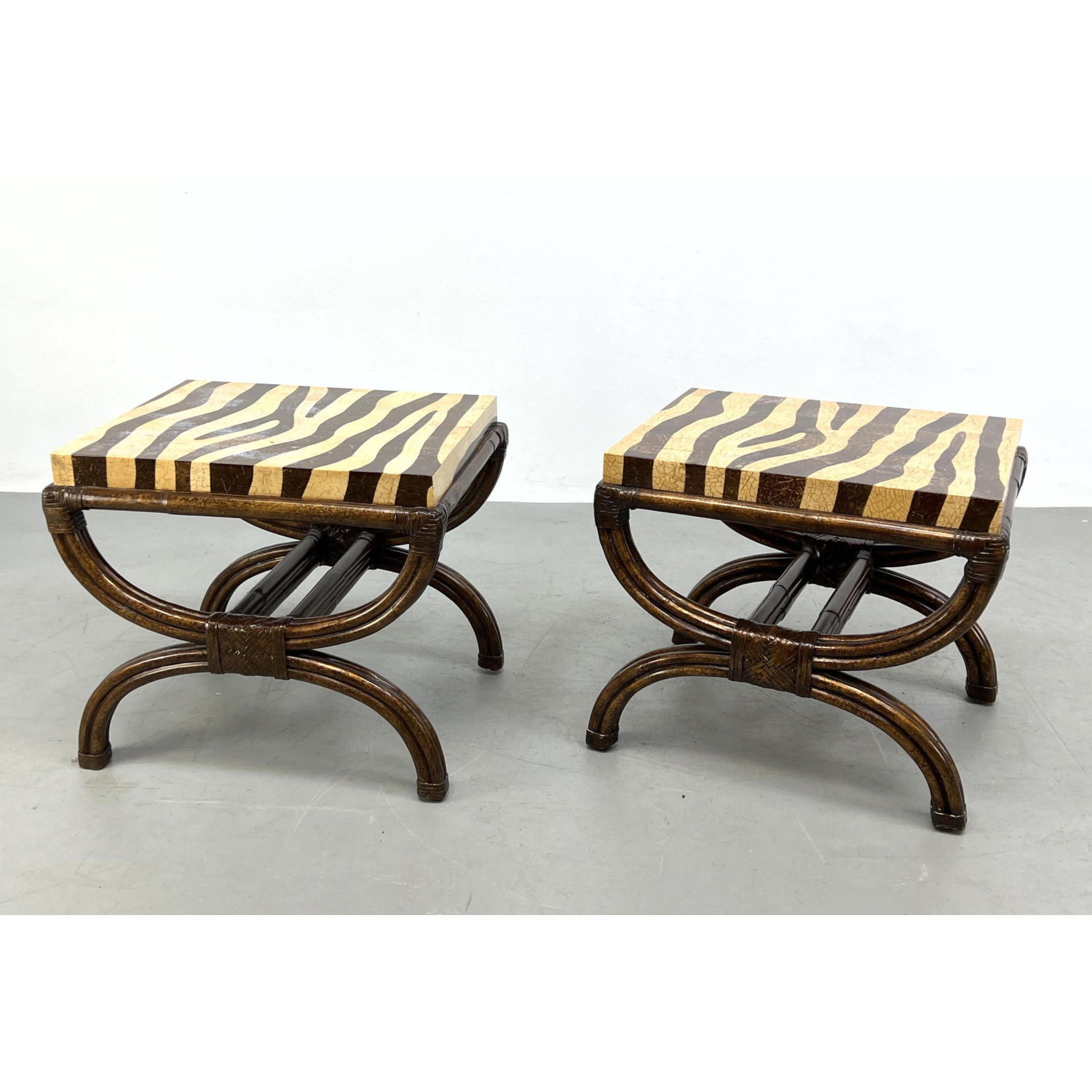 Appraisal: Pair wrapped Faux Bamboo Arched Base Tables Lacquer tops Dimensions