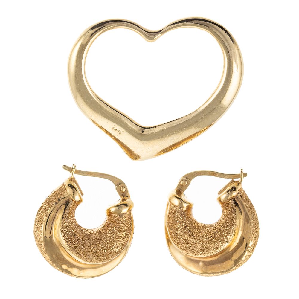 Appraisal: A K Open Heart Pendant K Hoop Earrings K yellow