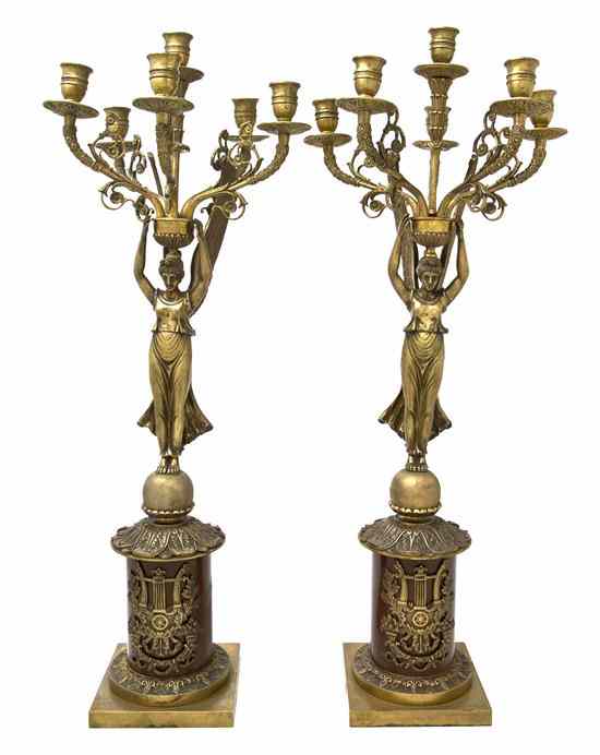 Appraisal: A Pair of Empire Style Gilt Bronze Six-Light Figural Candelabra