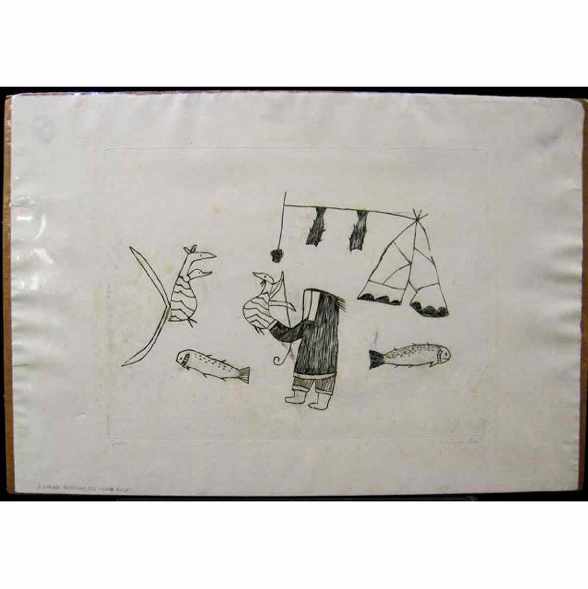 Appraisal: NAWPACHEE INUIT - HUNTER WITH BIRDS AND FISH ENGRAVING CAPE