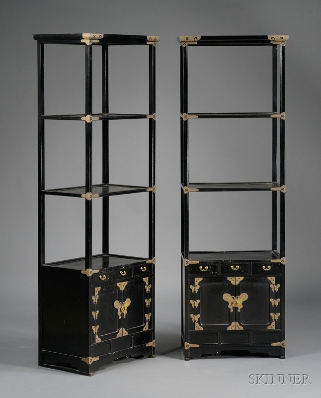 Appraisal: Pair of Japanese Brass-mounted Black Lacquered Display Stands ht lg