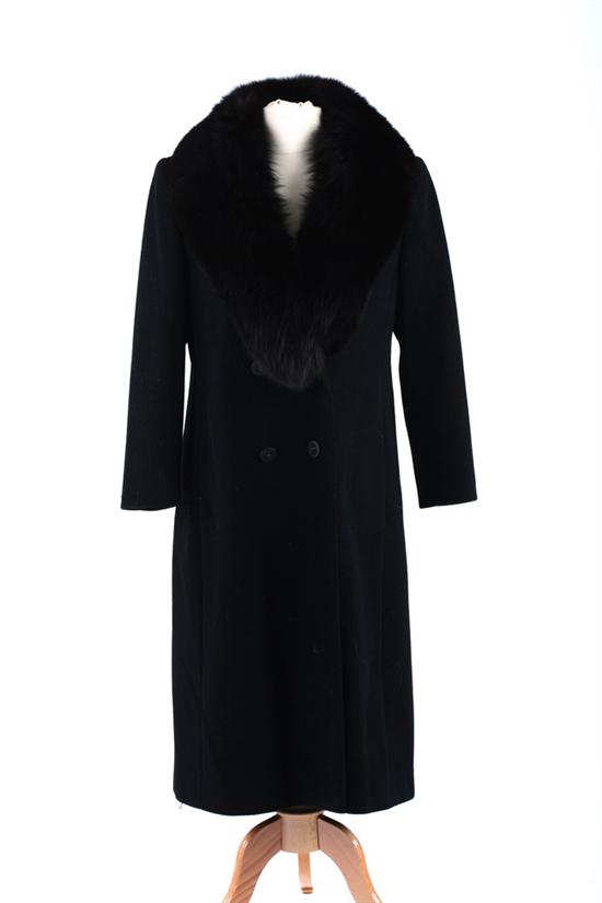 Appraisal: BROMLEY BLACK WOOL AND FOX COLLARED COAT Petite size Double-breasted