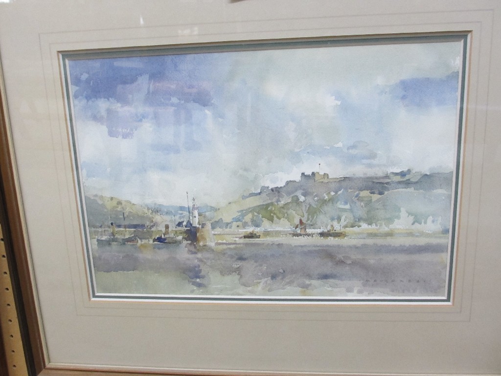 Appraisal: MALCOLM ROBERT ROGERS Watercolour harbour scene with a castle beyond