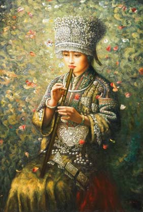 Appraisal: CHINESE OIL PAINTING MUSICIAN Contemporary Chinese oil painting on canvas