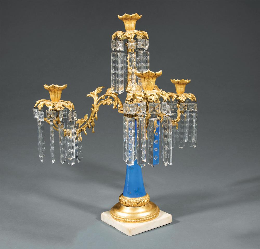 Appraisal: Continental Gilt Metal and Bleu Opaline Glass Four-Light Candelabrum th