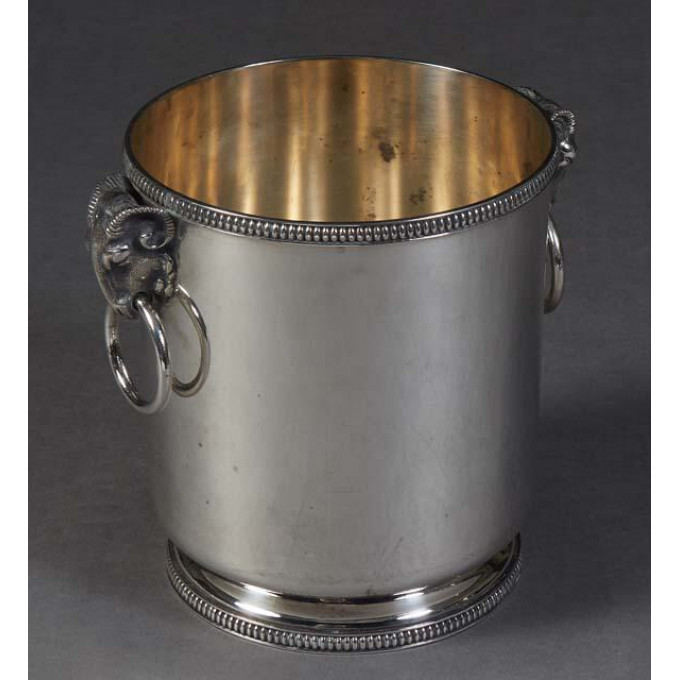 Appraisal: Silver Plate Champagne Bucket with Ram's Head Ring Handles th