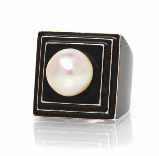 Appraisal: An Art Deco Sterling Silver Enamel and Cultured Pearl Ring