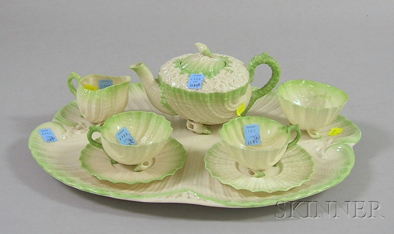 Appraisal: Six-piece Belleek Neptune-Green Porcelain Tea Set including teapot creamer open