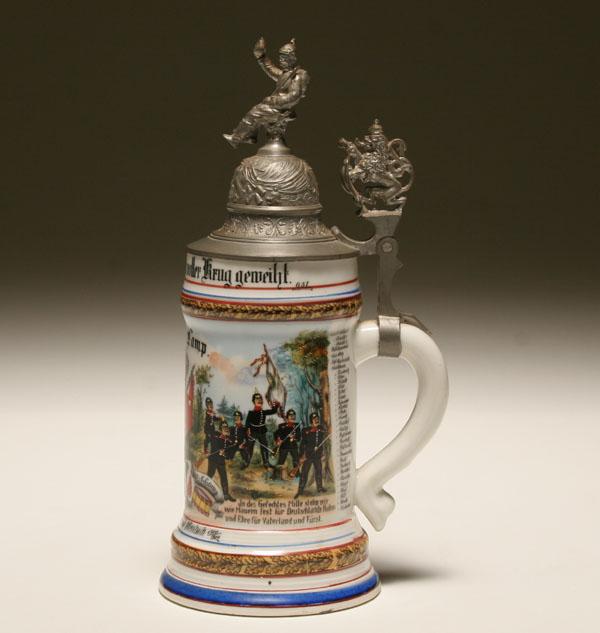 Appraisal: Beer stein German military issue paint and transfer infantry scenes