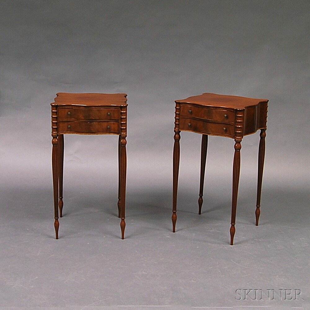 Appraisal: Pair of Federal-style Inlaid Mahogany and Mahogany Veneer Two-drawer Worktables