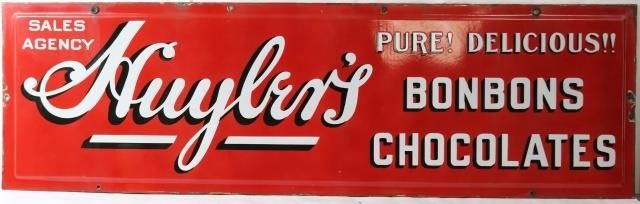 Appraisal: EARLY- TH CENTURY ENAMELED SIGN FOR HUYLER'SBONBONS AND CHOCOLATES SHOWS