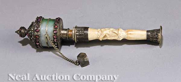 Appraisal: An Antique Tibetan Carved Ivory and Jade Prayer Wheel the