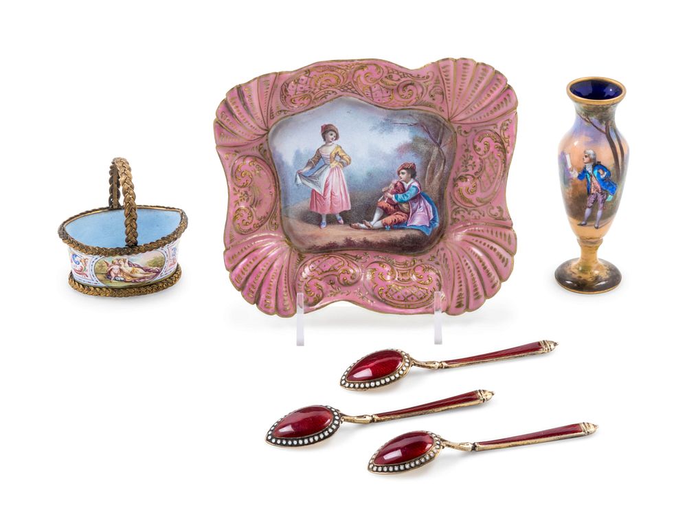 Appraisal: Six Continental Enamel Decorated Articles Six Continental Enamel Decorated Articles