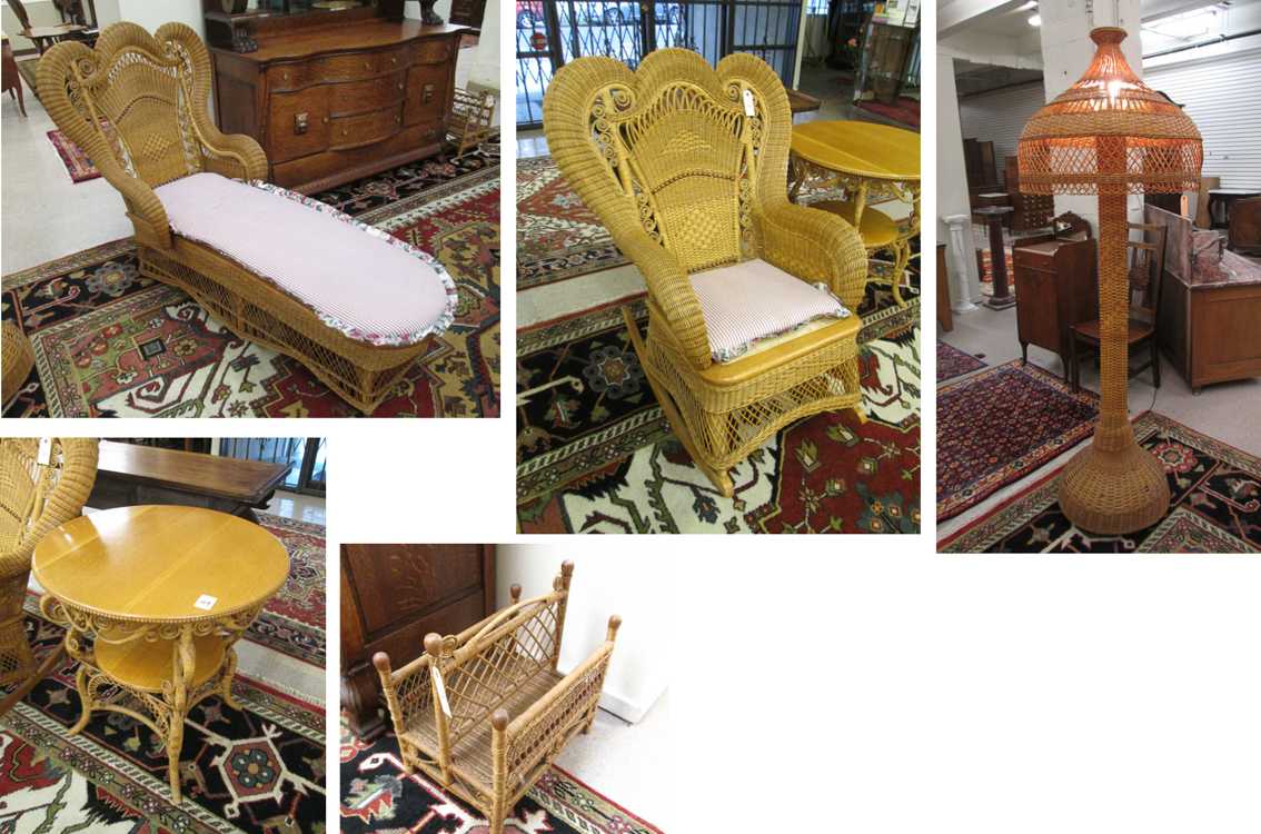 Appraisal: FIVE-PIECE VICTORIAN STYLE WICKER AND OAK FURNITURE GROUP rocking chair