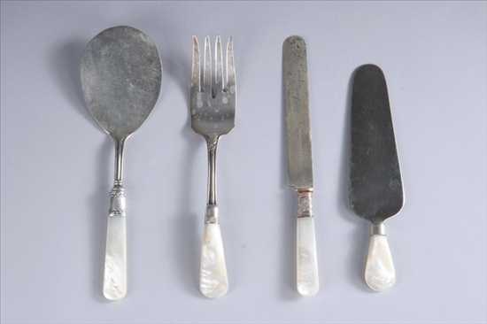 Appraisal: MOTHER-OF-PEARL HANDLED AND STERLING-MOUNTED SERVING PIECES AND KNIVES Including two