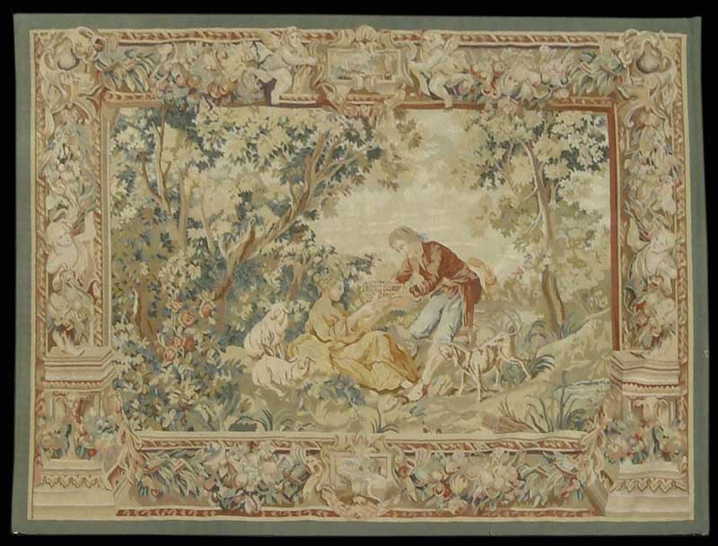 Appraisal: LARGE SCENIC TAPESTRY The square scene shows a man presenting