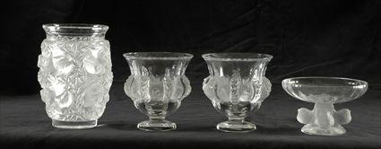 Appraisal: Four Lalique Molded Glass Articles Including a vase a pair