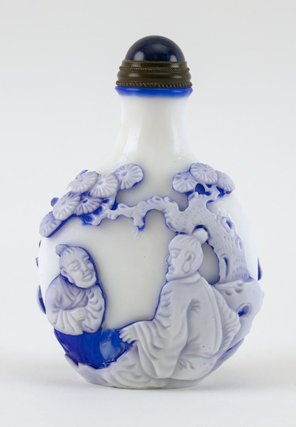 Appraisal: CHINESE OVERLAY BLUE CUT TO WHITE GLASS SNUFF BOTTLE TH