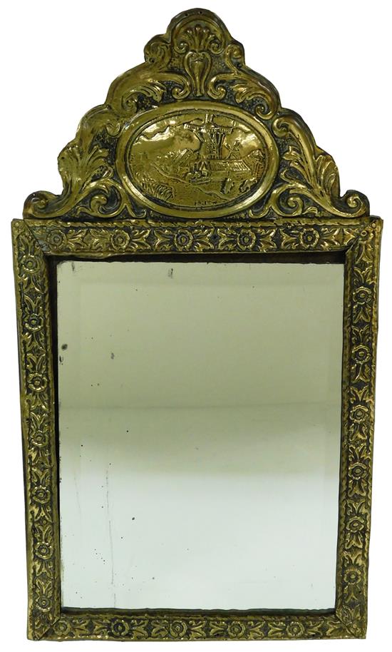 Appraisal: Wall mirror brass repousse late th C cartouche in crest