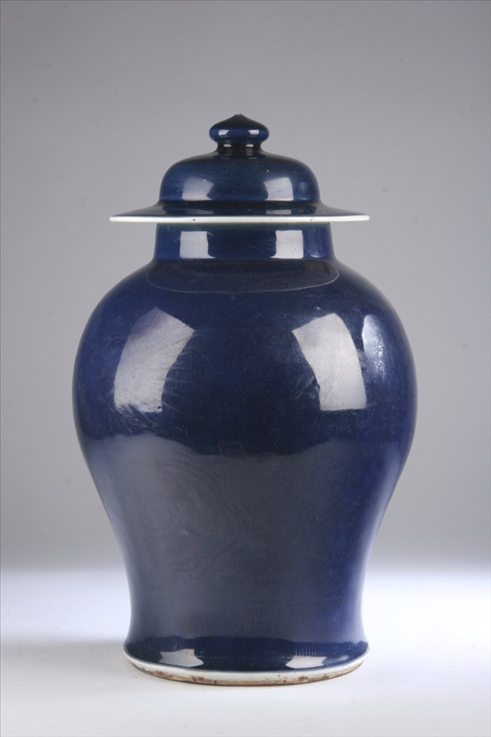 Appraisal: CHINESE MONOCHROME BLUE PORCELAIN BALUSTER JAR AND COVER Late th