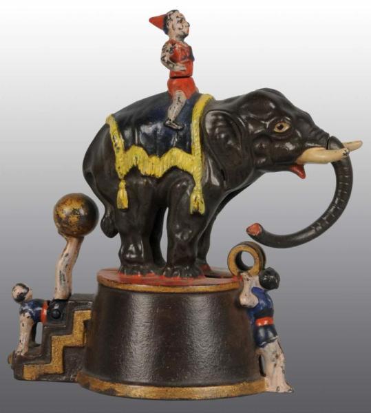 Appraisal: Cast Iron Elephant Clowns Mechanical Bank Description Manufactured by J