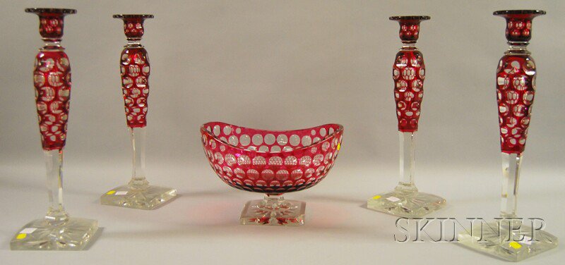 Appraisal: Four Ruby Cut-to-clear Glass Candlesticks and Elliptical Center Bowl tall