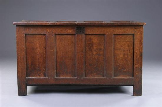 Appraisal: CHARLES II OAK PANELED COFFER th century Four-paneled rectangular top