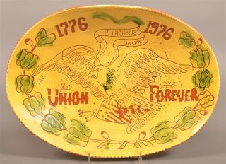 Appraisal: Breininger Redware Pottery Oval Platter Sgrafitto decoration Bicentennial limited No