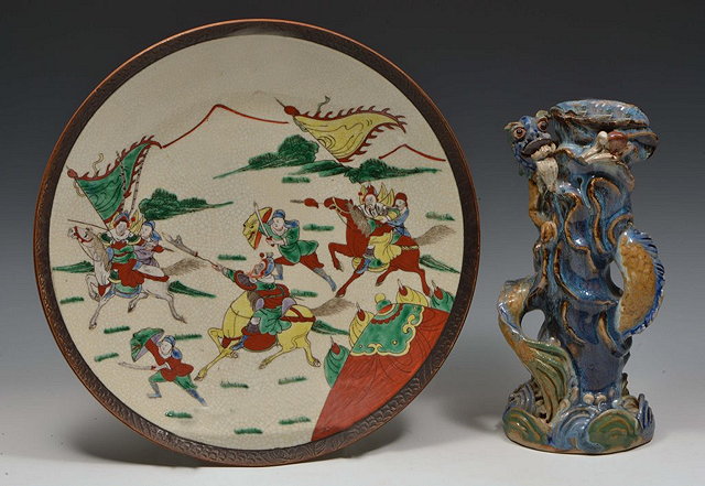 Appraisal: A CHINESE CRACKLEWARE CHARGER with warrior decoration cm and a