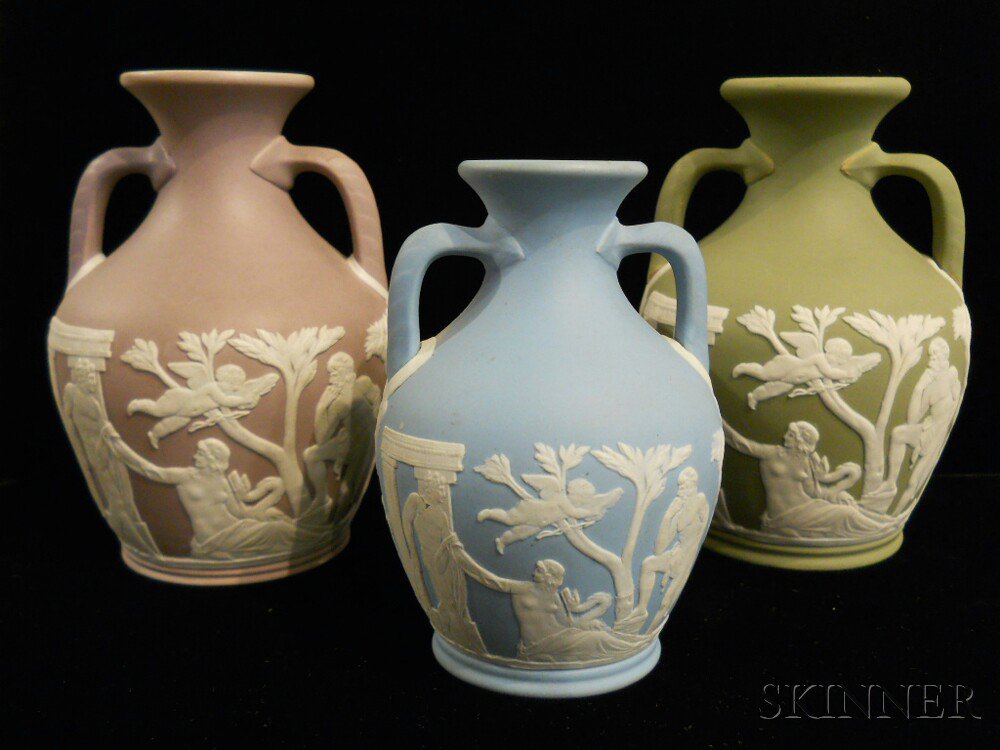 Appraisal: Three Wedgwood Jasper Dip Portland Vases England late th century