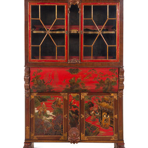 Appraisal: A Georgian Style Red Lacquered and Chinoiserie Decorated Secretary Bookcase