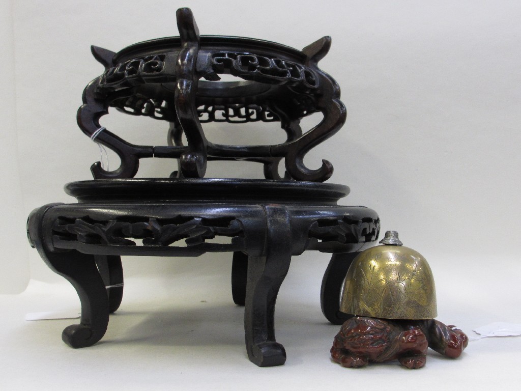 Appraisal: Japanese painted metal oni table bell and two hardwood stands