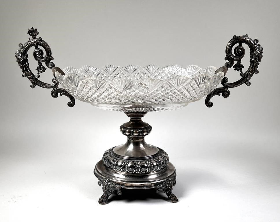 Appraisal: German silver centerpiece with cut glass bowl Faces on handles