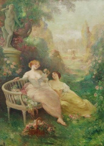 Appraisal: Framed oil on canvas painting Two Ladies in a Garden