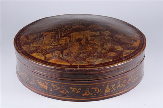 Appraisal: CHINESE BLACK AND GILT PIGSKIN HAT BOX th century The