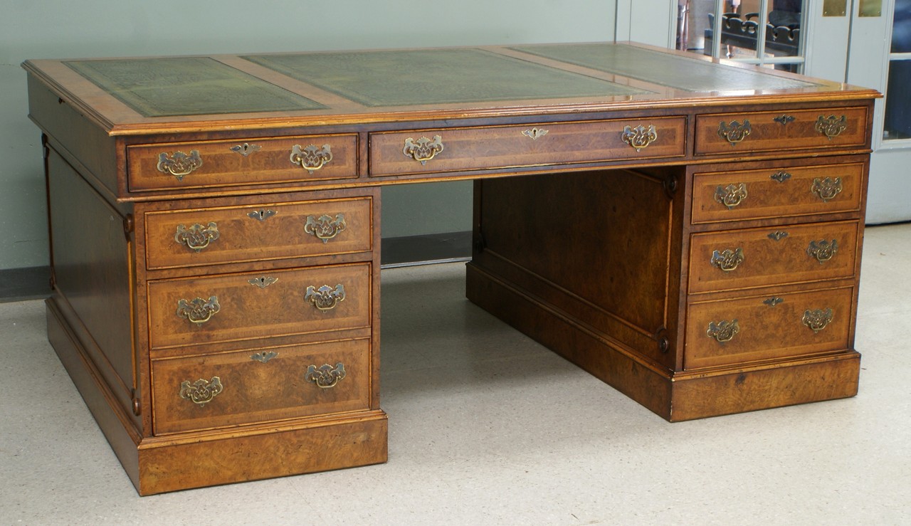 Appraisal: Mahogany Georgian Style Partners Desk triple leather inset top bench